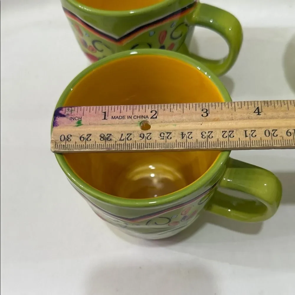 Pier 1 Pasilla Mug Set 4 Green Yellow Pepper Theme 3 1/2 In Round 4 1/4 In Tall